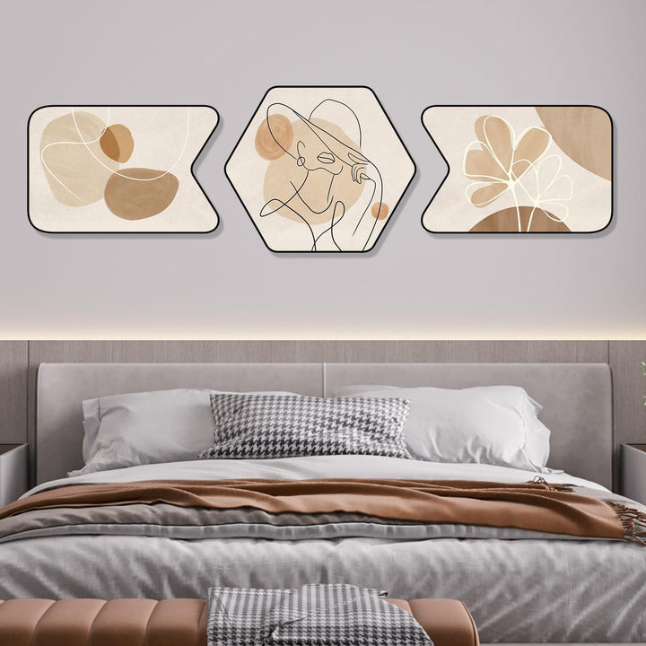 Gouwgenr Bilder mit Rahmen PVC 60x40cm Moderne Abstrakt Line Art Bilder Beige 3 Stück Kristall Bild