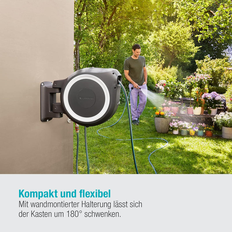 Gardena Wand-Schlauchbox RollUp M/L (grau) 25 m: flexible Bewässerung für mittelgrosse bis grosse Gä