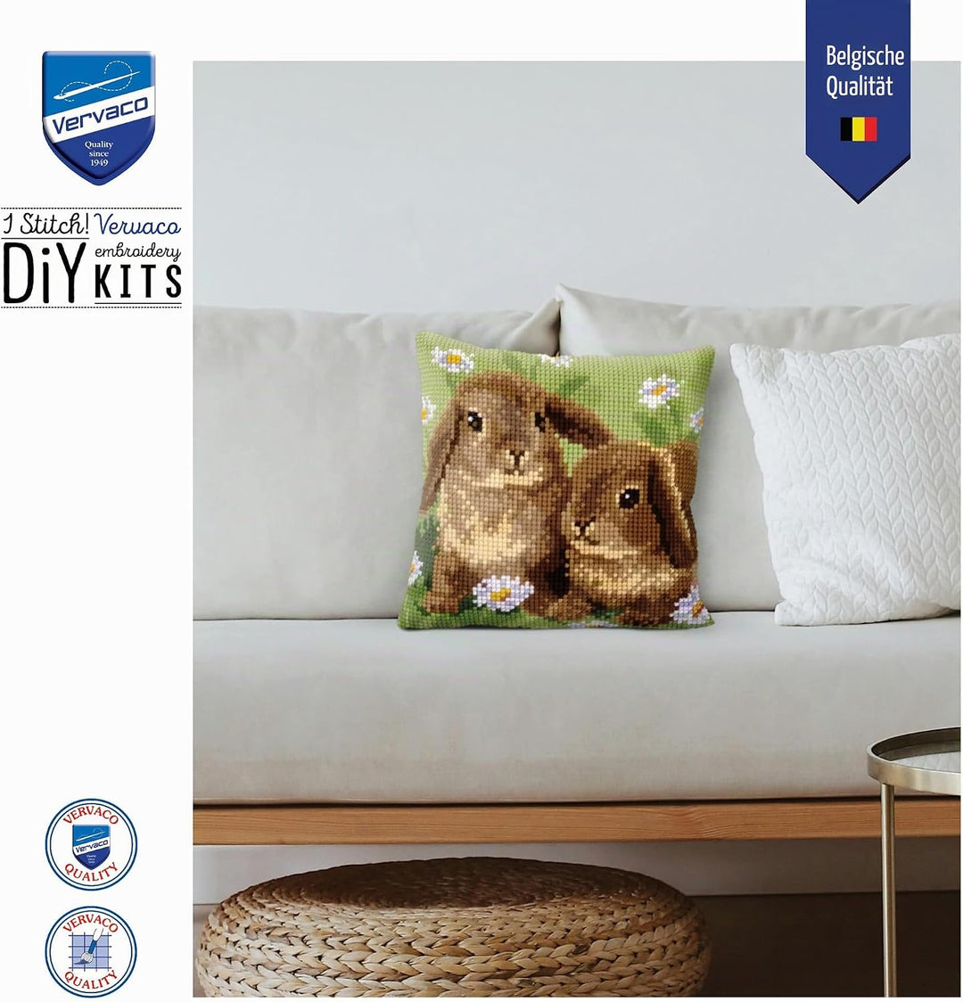 Vervaco Kreuzstichkissen 2 Kaninchen Kreuzstickpackung vorgedruckt, Stramin, weiss, 40 x 40 x 0,3 cm