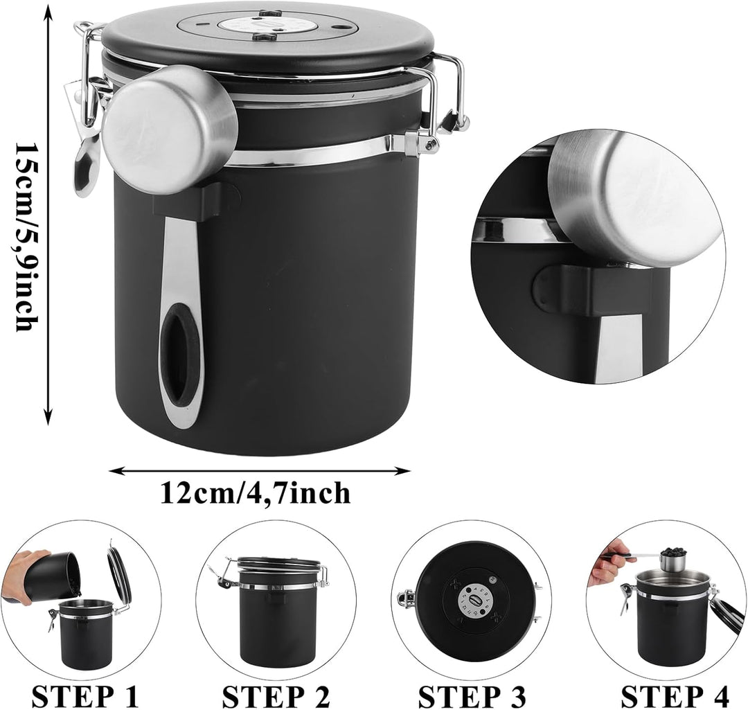 2er Kaffeedose Luftdicht aus Edelstahl, 1,5L KaffeebohnenbehäLter Mit EdelstahllöFfel Und Zeiterfass