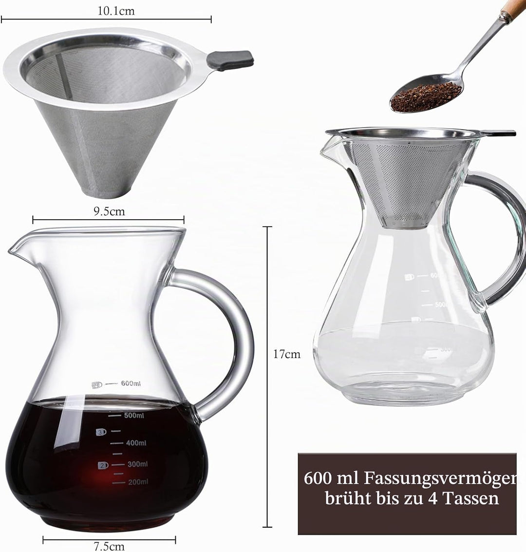 Pour Over Kaffeebereiter, 600ml Glas Kaffeekanne mit Filter und Hitzebeständigem Griff, Pour Over Co