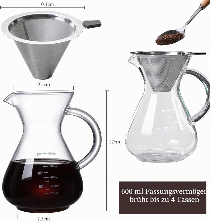 Pour Over Kaffeebereiter, 600ml Glas Kaffeekanne mit Filter und Hitzebeständigem Griff, Pour Over Co