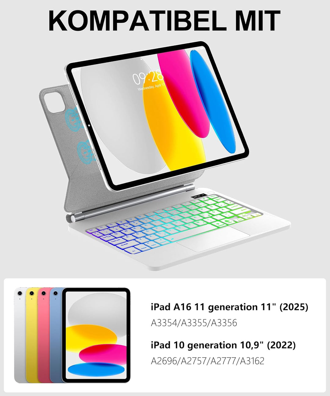 JADEMALL Magic Keyboard für iPad A16 11. Generation und iPad 10. Generation mit 7-Farben-Beleuchtung