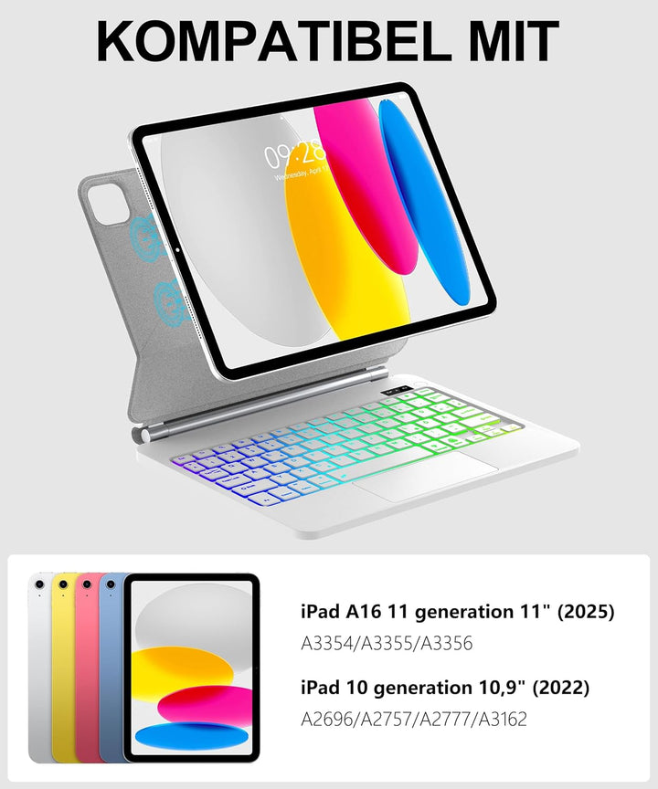 JADEMALL Magic Keyboard für iPad A16 11. Generation und iPad 10. Generation mit 7-Farben-Beleuchtung