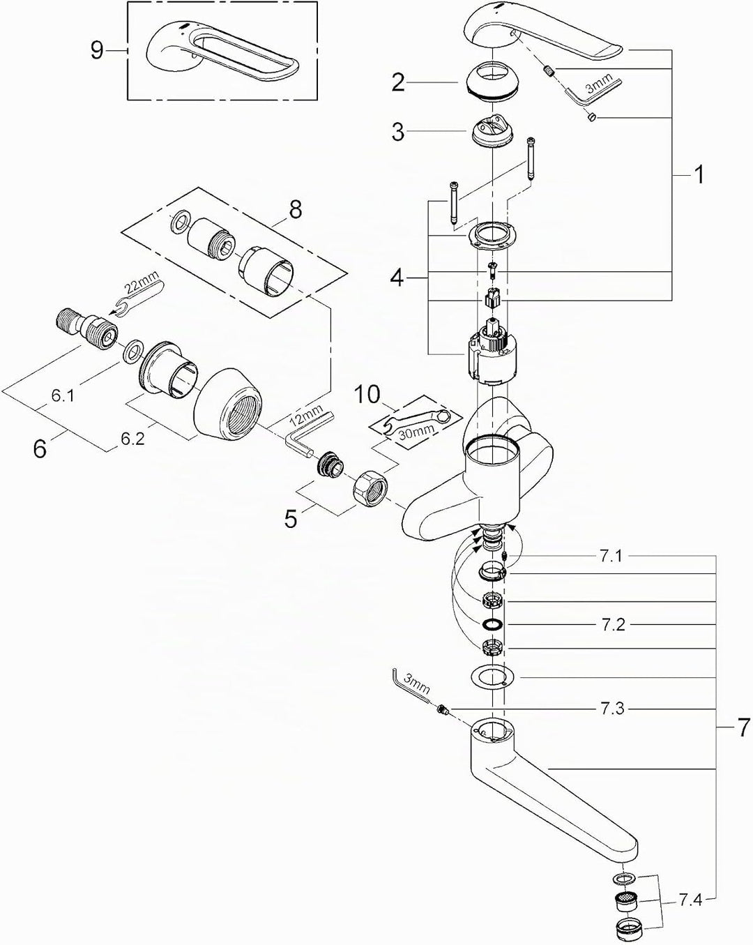 GROHE Euroeco Waschtisch-Einhebelmischer für Wandmontage, 170 mm, verchromt 32773000,Silber