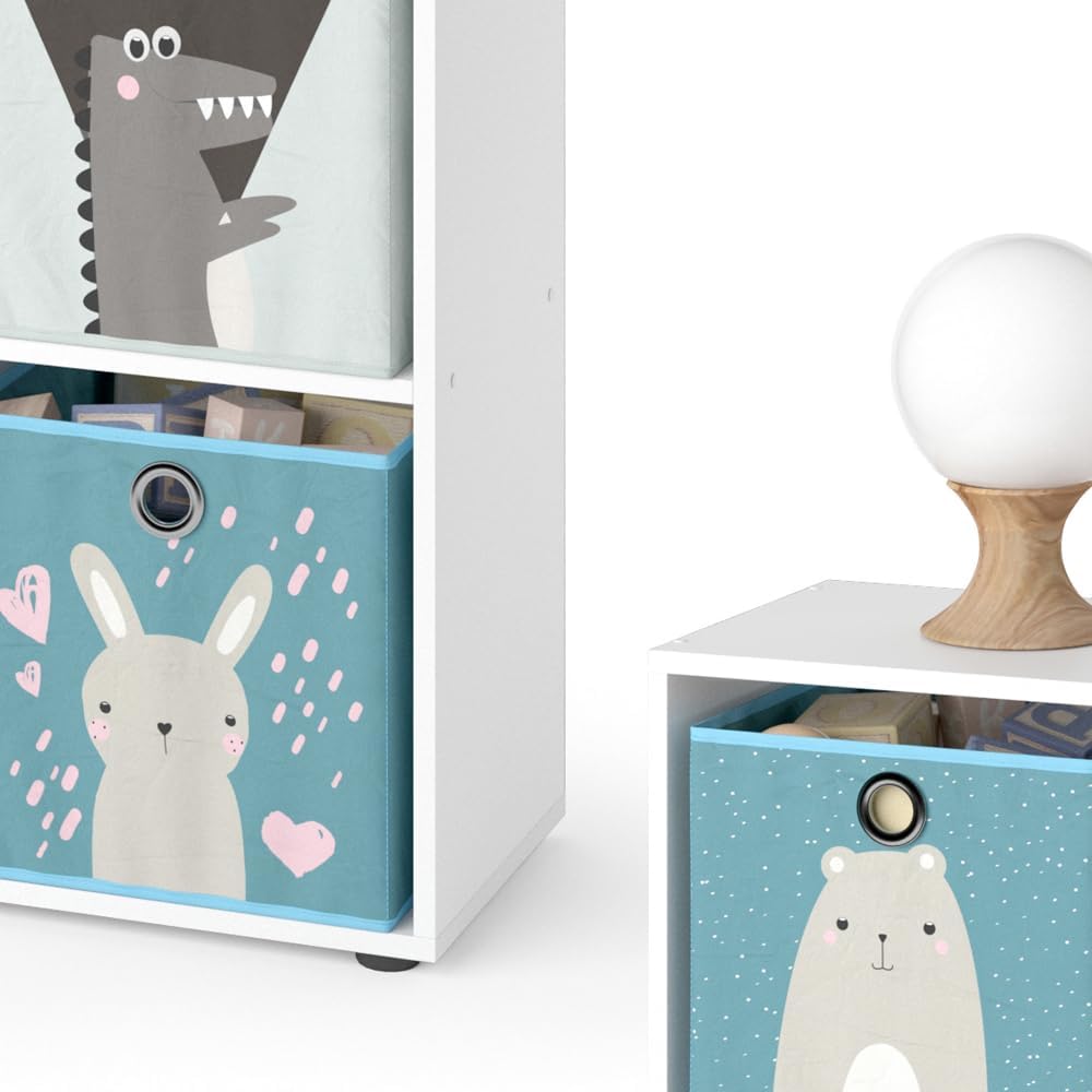 Vicco Kinderregal Tetra, Weiss, 72 x 72.6 cm mit 4 Faltboxen (grau/blau), 4 Fächer Faltboxen: grau,