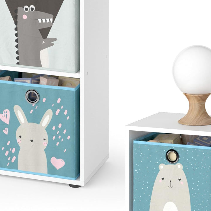 Vicco Kinderregal Tetra, Weiss, 72 x 72.6 cm mit 4 Faltboxen (grau/blau), 4 Fächer Faltboxen: grau,