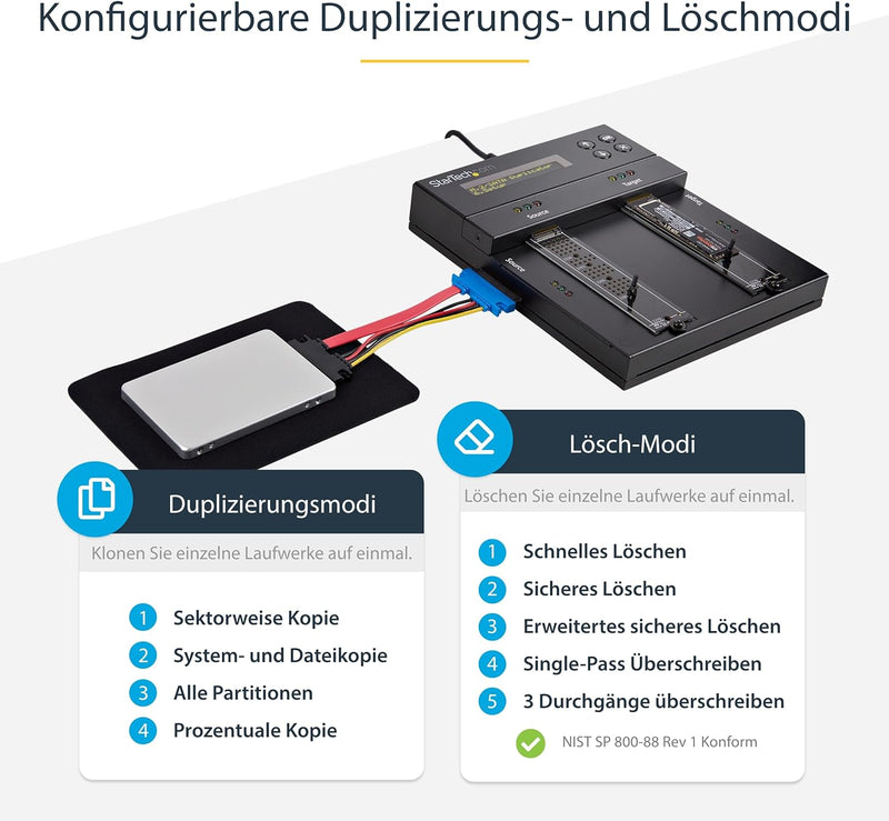 StarTech.com Selbständiger M.2 SATA & M.2 NVMe Duplikator und Löscher - SATA/SSD Festplatten klonen/