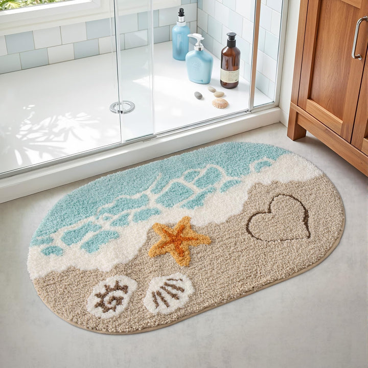 DEXI Ovale Badezimmerteppich 61 x 110 cm, Badematte rutschfest Absorbierende mit Seestern-Strand Mus