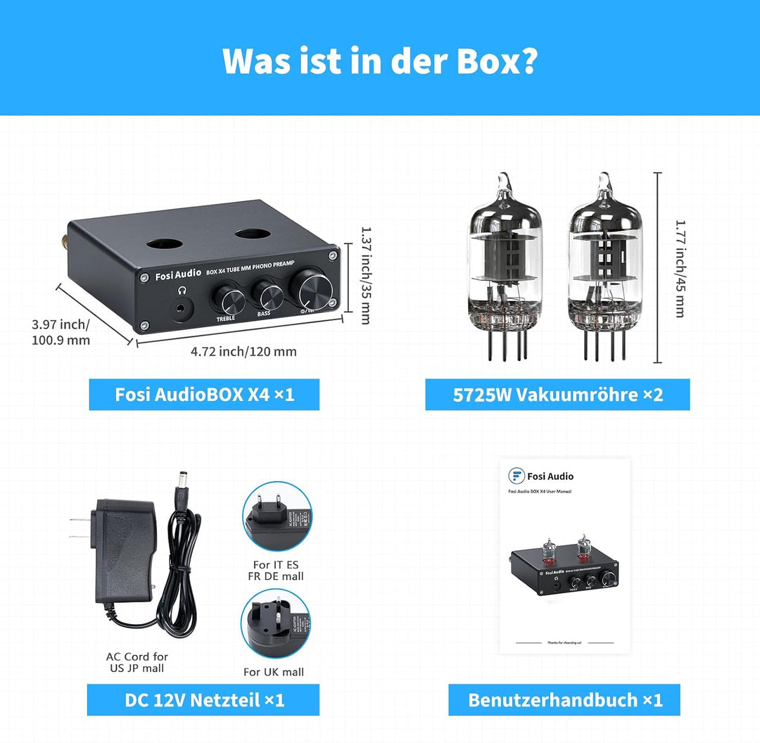 Fosi Audio X4 HiFi Phono Röhren Vorverstärker, Hi-Fi Röhrenvorverstärker Kopfhörerverstärker, JAN 56