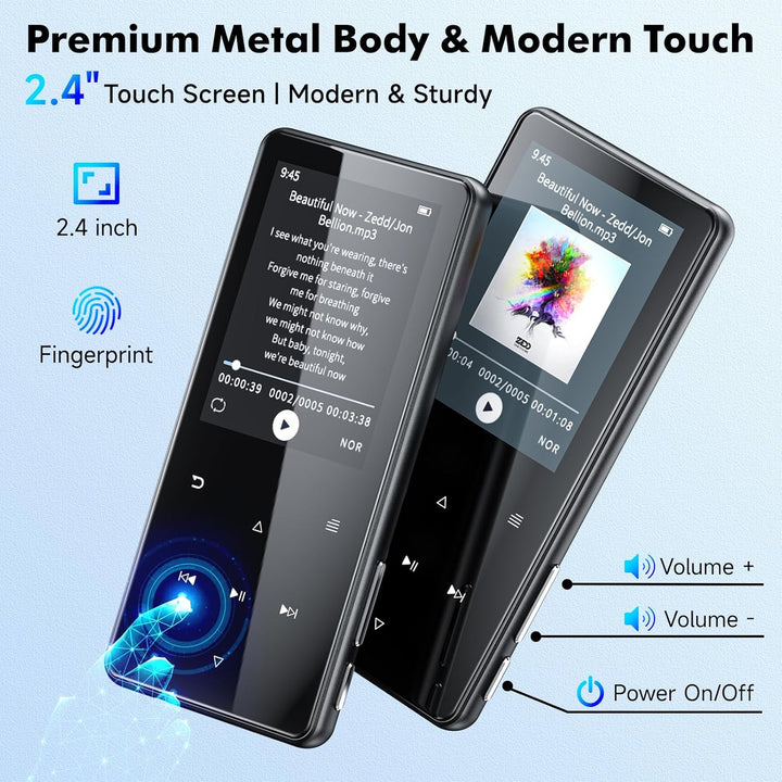 MP3 Player mit Bluetooth 5.3, 64GB und 2,4" Display – Mit Touch-Tasten, Lautsprecher, Metallgehäuse,