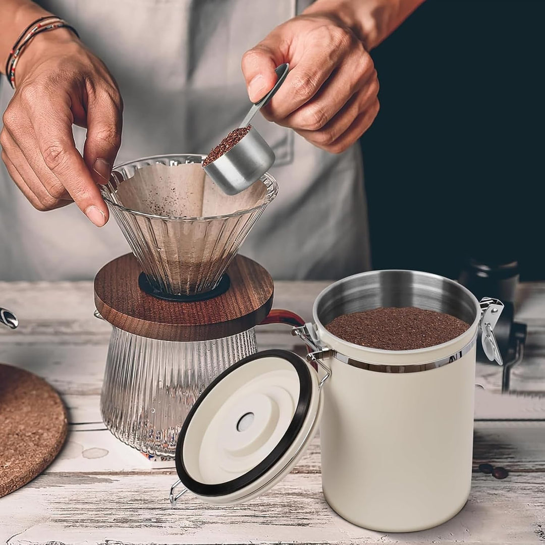 LEKEFET 1,8L Kaffeedose Luftdicht aus Edelstahl Kaffeedosen Kaffeebehälter Aromadicht mit Löffel Kaf