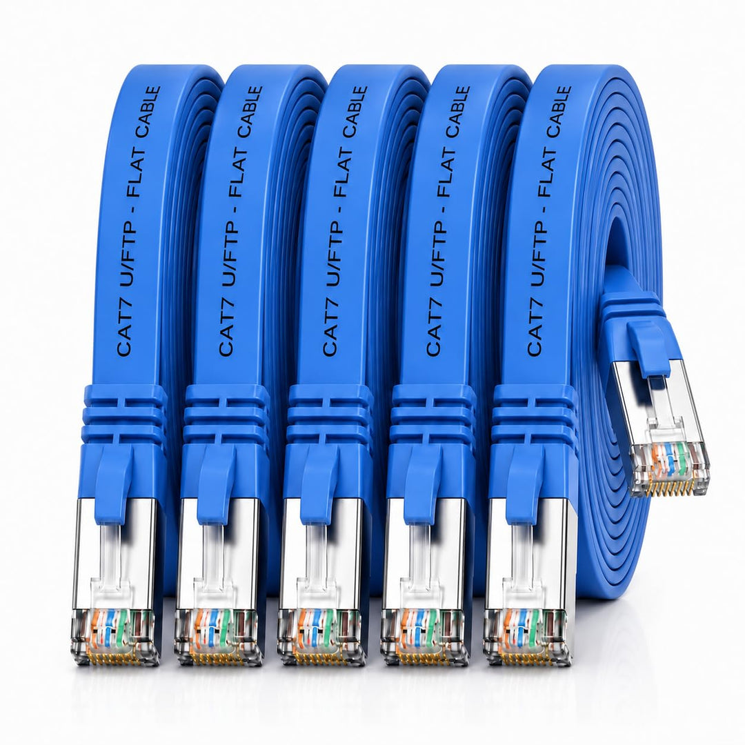 1aTTack.de 7.5m - blau - 5 Stück CAT.7 Gigabit Ethernet LAN Flachband Flachbandkabel (RJ45) Netzwerk