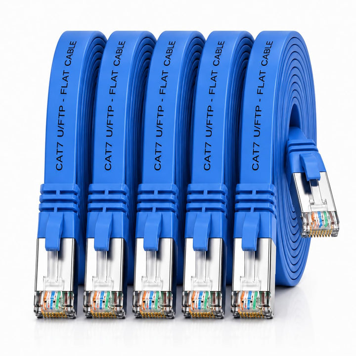 1aTTack.de 7.5m - blau - 5 Stück CAT.7 Gigabit Ethernet LAN Flachband Flachbandkabel (RJ45) Netzwerk