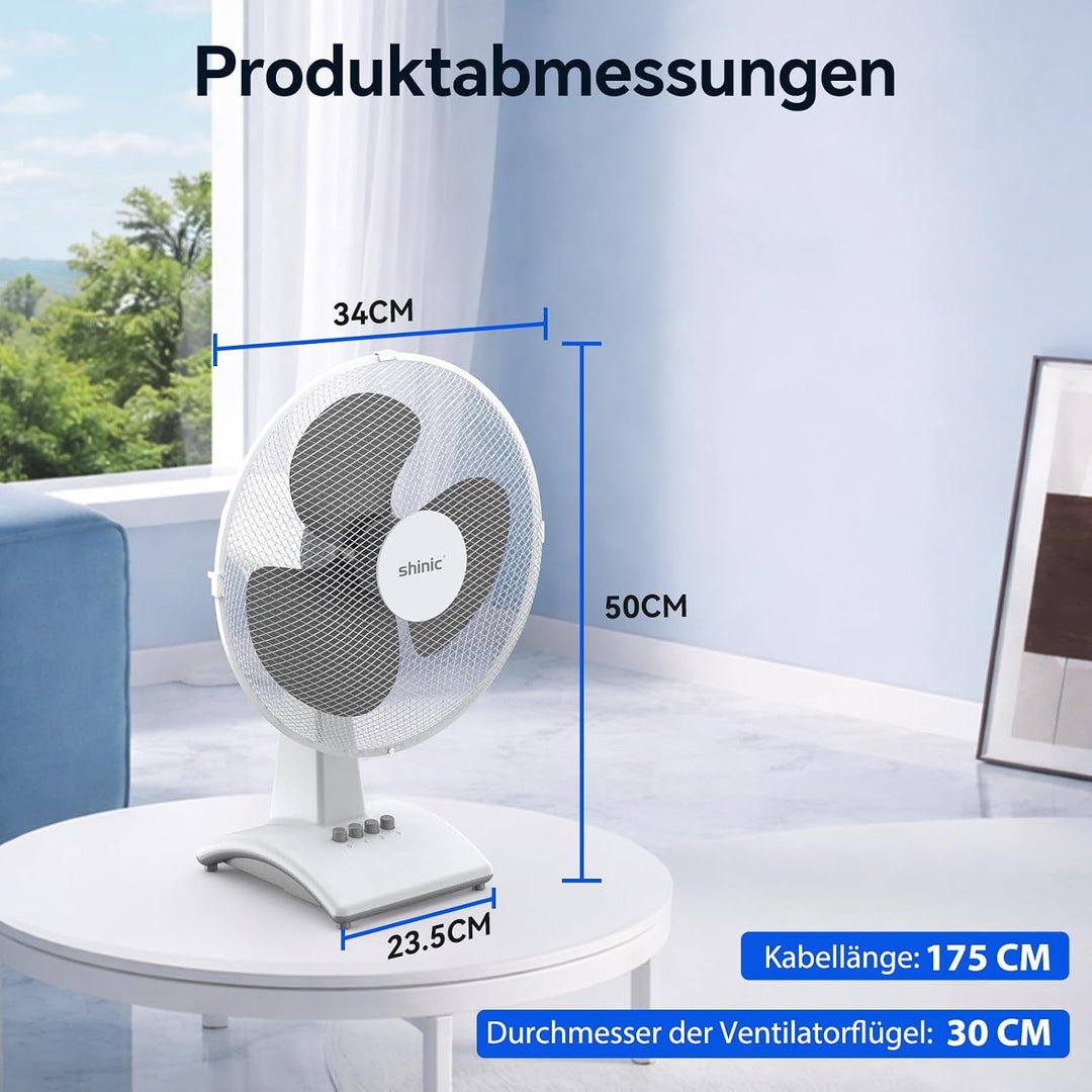 shinic Tischventilator 30 cm, 3 Geschwindigkeiten, Tischventilator sehr leise mit Oszillation, höhen