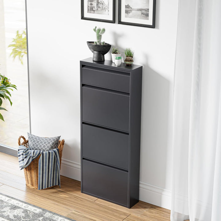 [en.casa] Schuhschrank Sokndal Schuhkipper mit 4 Klappen Metall Schuhkommode für 6 Paar Schuhe 118 x