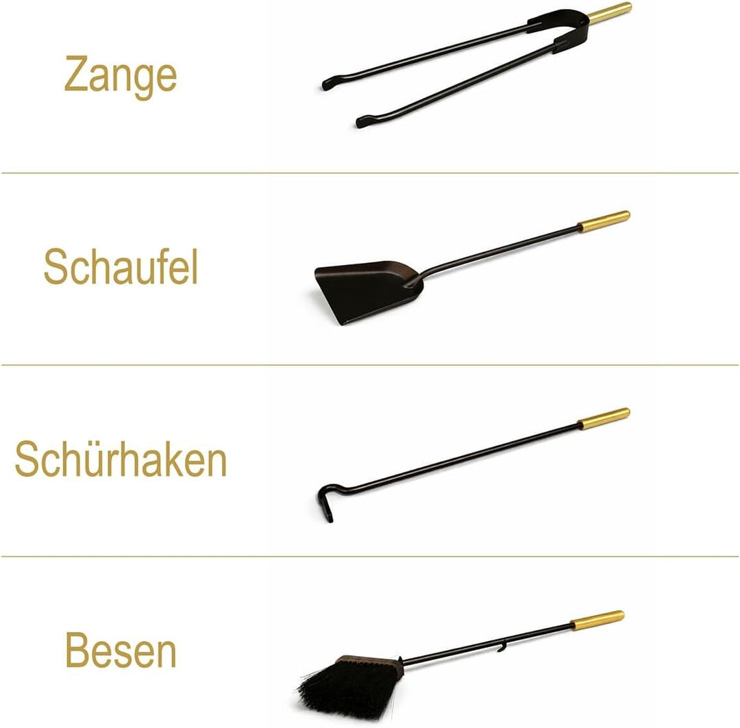 MS Beschläge Kaminbesteck Set 5-teilig Messing – Ofenbesteck modern mit geschlossenem Halter – Kamin