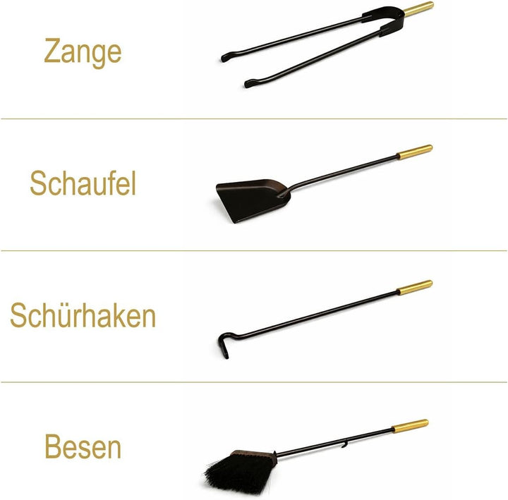 MS Beschläge Kaminbesteck Set 5-teilig Messing – Ofenbesteck modern mit geschlossenem Halter – Kamin