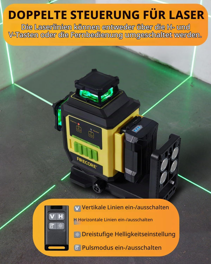 Kreuzlinienlaser mit Stativ, Firecore Laser-Wasserwaage Selbstnivellierend Linienlaser Grün, 3×360°