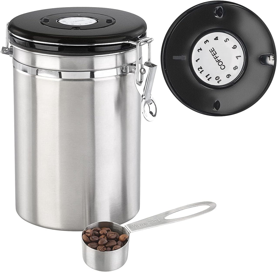 Rosenstein & Söhne Edelstahl Dose: 2er-Set Kaffeedosen mit Kalenderblatt, C02-Freigabeventil & Messl