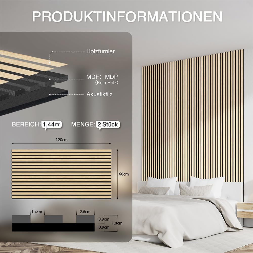 Akustikpaneele Holz 120x60cm-2er Set(1,44m²) 3D Wandpaneele mit Holzfurnier & Filz, Akustik Holzpane