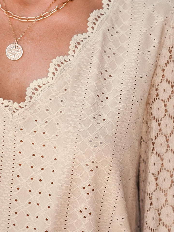 CUPSHE Damen Blusen V-Ausschnitt Spitzen Wellenkante Puffärmel Langarmshirt Lässige Lace Oberteile T