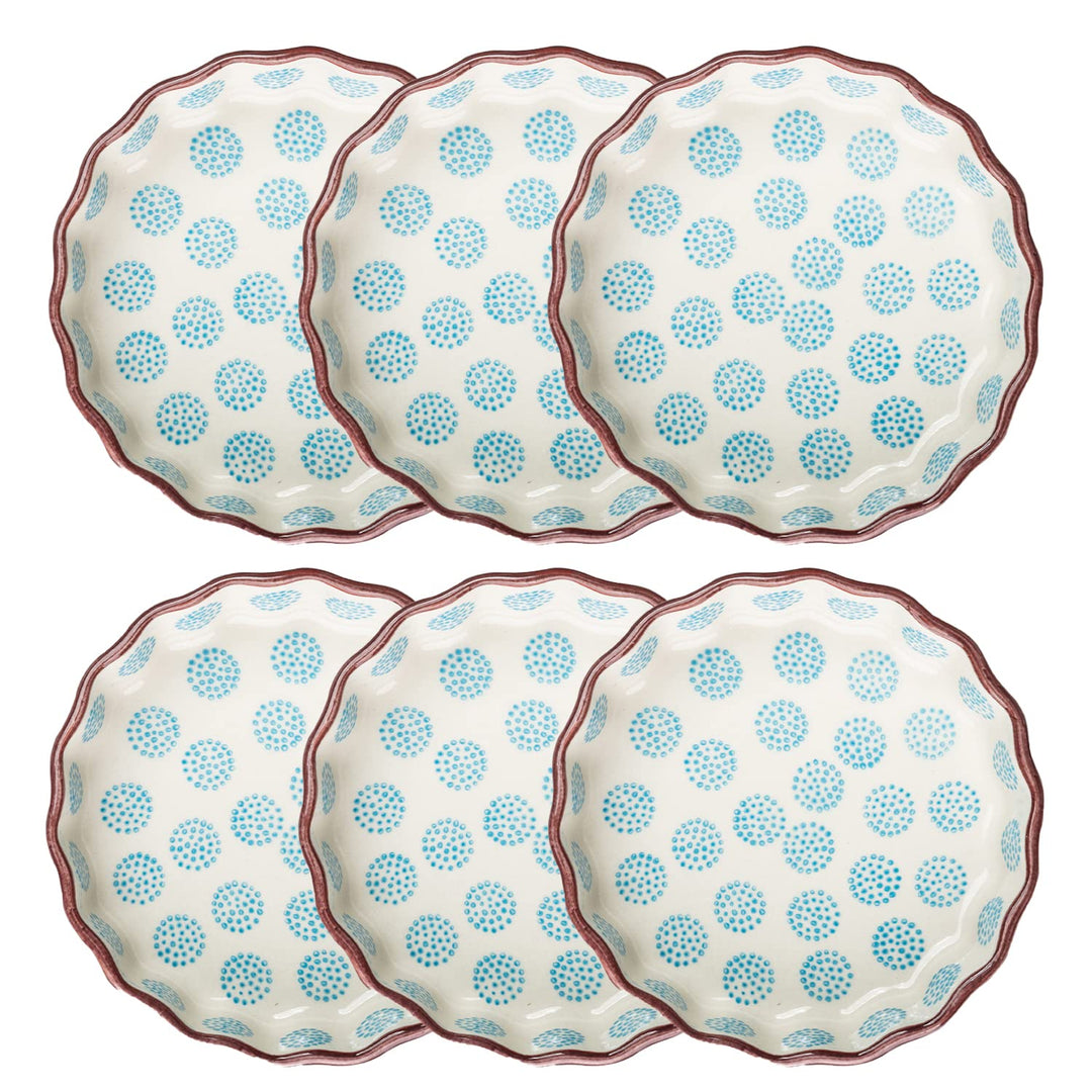 Tranquillo 6er Set Tarteletteform aus Steinzeug mit handgestempeltem Print weiss/blau RETRO, Ø11 x 3