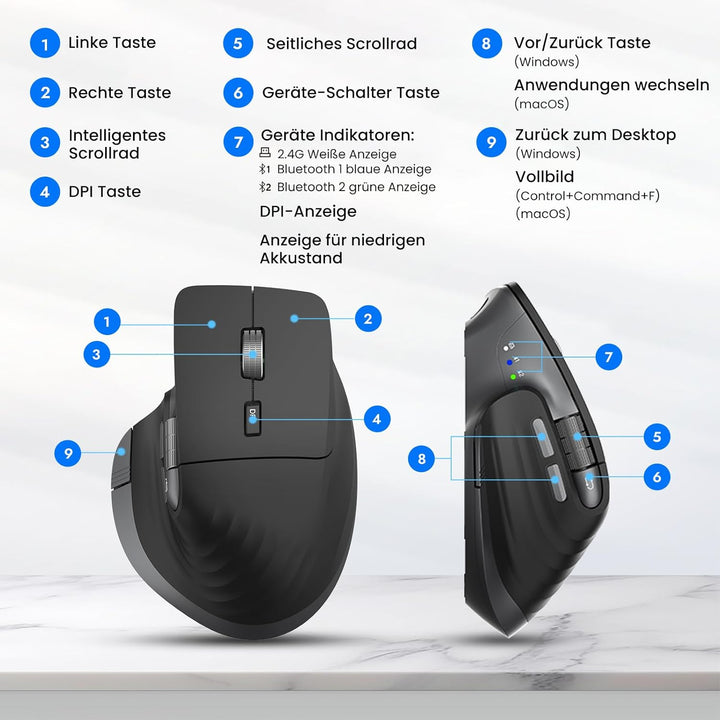 Kabellose Bluetooth Maus, Ergonomische, Wiederaufladbare, Geräuscharme Maus mit Multi-Device-Funktio