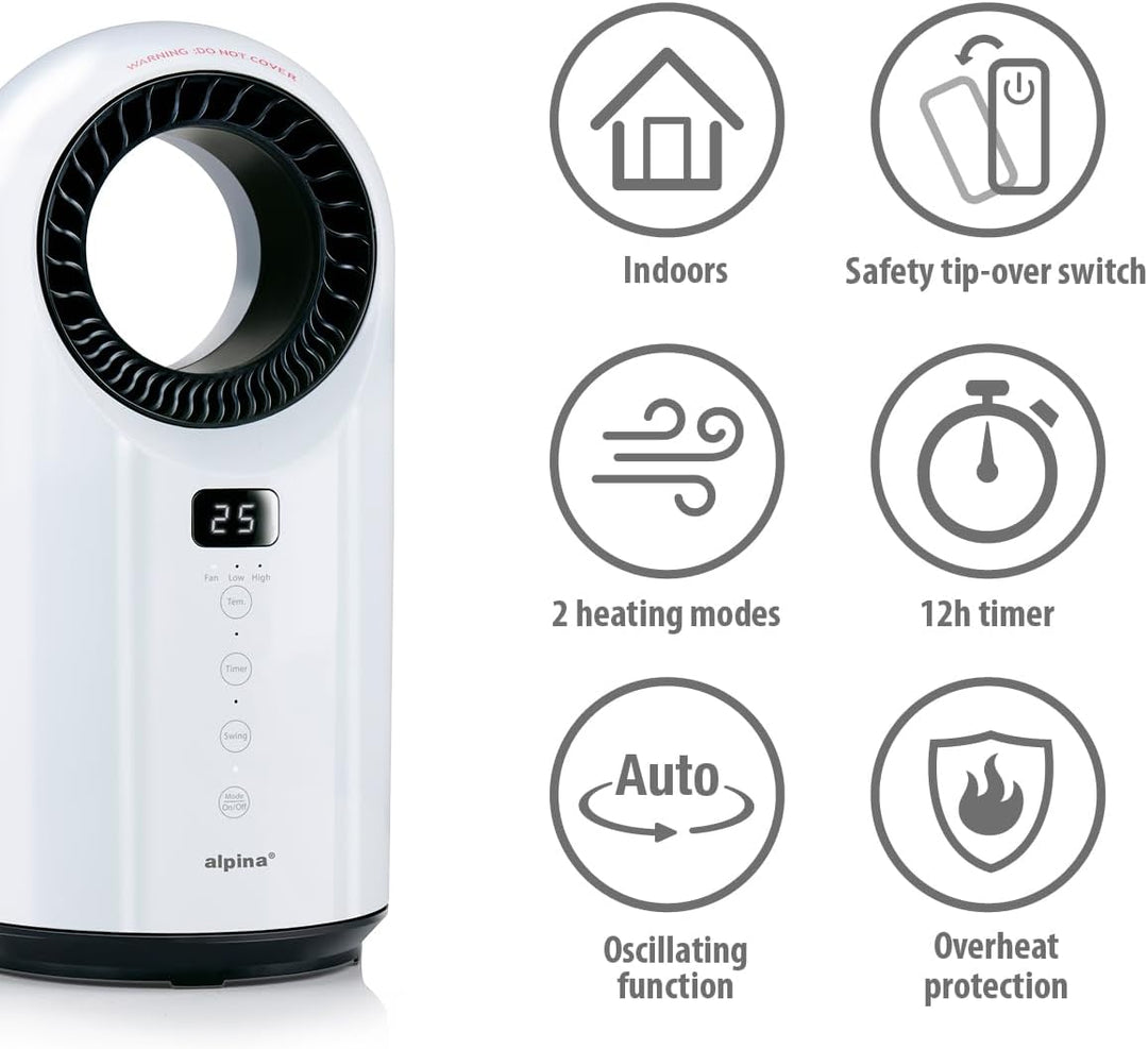 alpina Elektrischer Heizlüfter und Ventilator 1500W – Keramik Heizkörper mit Timer und Fernbedienung