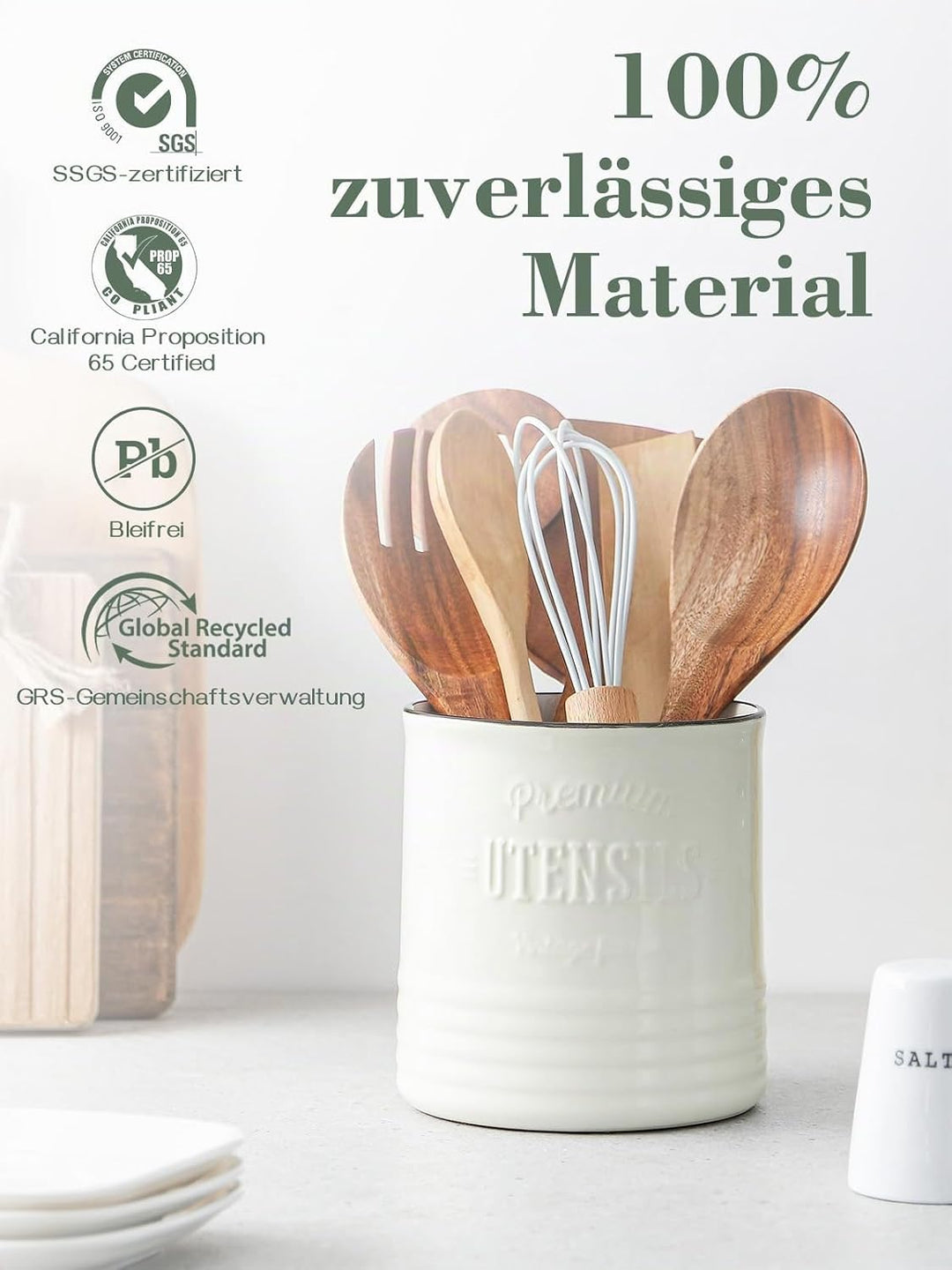 DOWAN Utensilienhalter Küche, 18,0 x 15,8cm Gross Küchenutensilienhalter, Retro-Stil Keramikdose, Ut