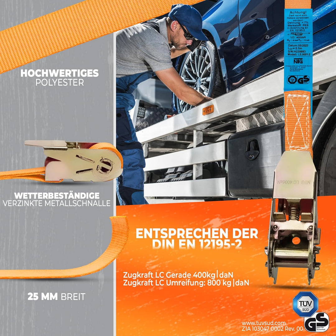 NTG Spanngurte mit Ratsche | 2, 4, 6, 8, 10 oder 20 Stück | 800 kg | 4m | 2 teilig | TÜV/GS geprüft