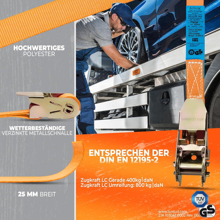 NTG Spanngurte mit Ratsche | 2, 4, 6, 8, 10 oder 20 Stück | 800 kg | 4m | 2 teilig | TÜV/GS geprüft