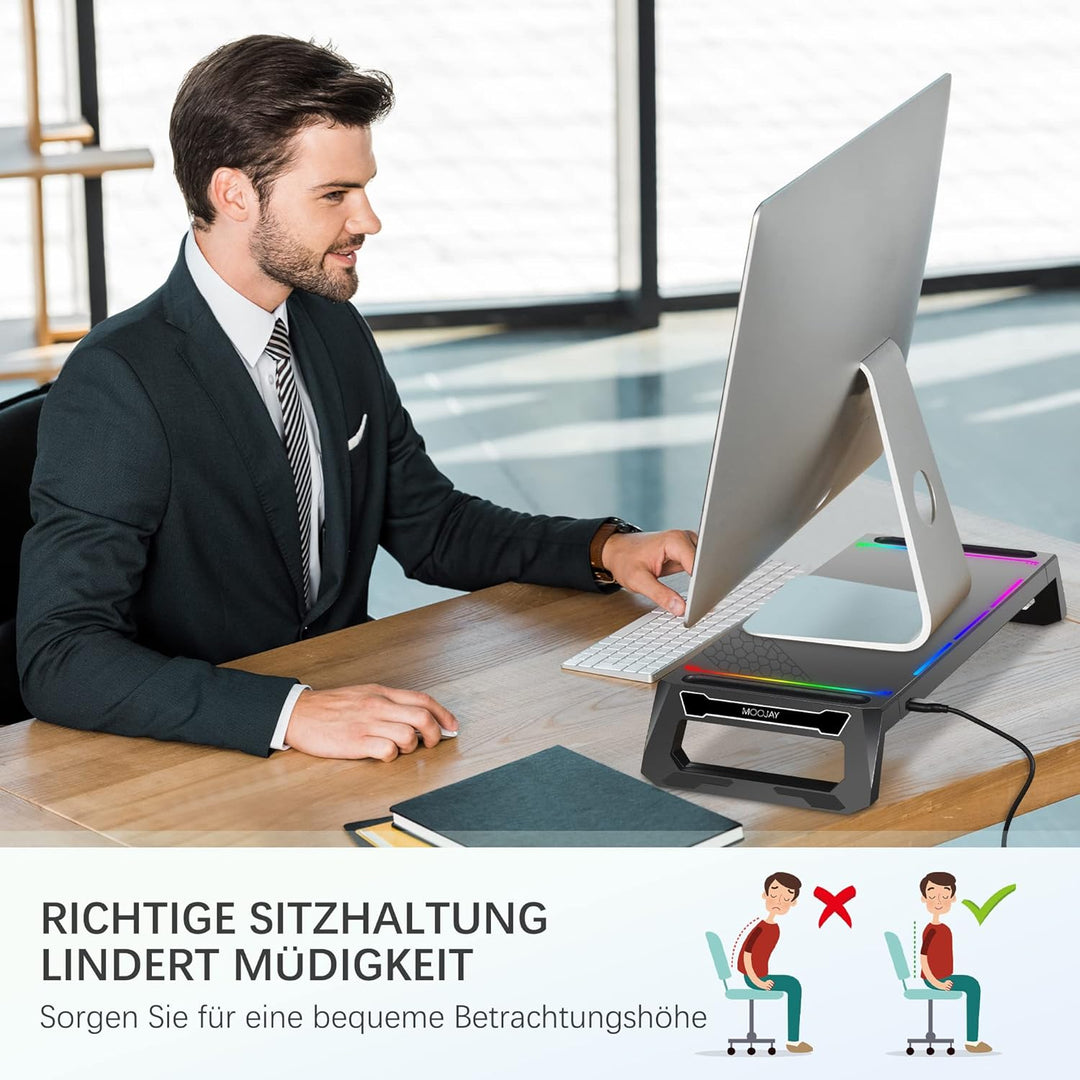 MOOJAY Monitor Ständer für den Schreibtisch Gaming mit 4 USB 3.0 Hub und RGB Licht, Monitor Riser Fa