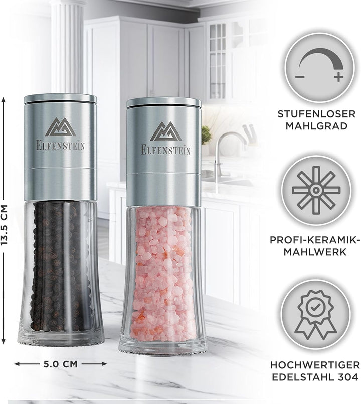 Edelstahl Salz und Pfeffermühle Set mit Keramikmahlwerk - stufenlos einstellbar, Pfeffer und Salzmüh