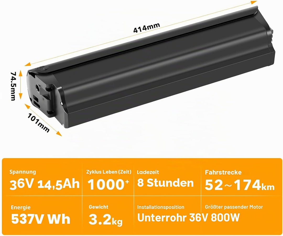 SEASON ebike Akku 36V 14.5Ah Ersatzakku mit 2A Ladegerät, 537Wh Built-in Rahmenakku für Elektrofahrr