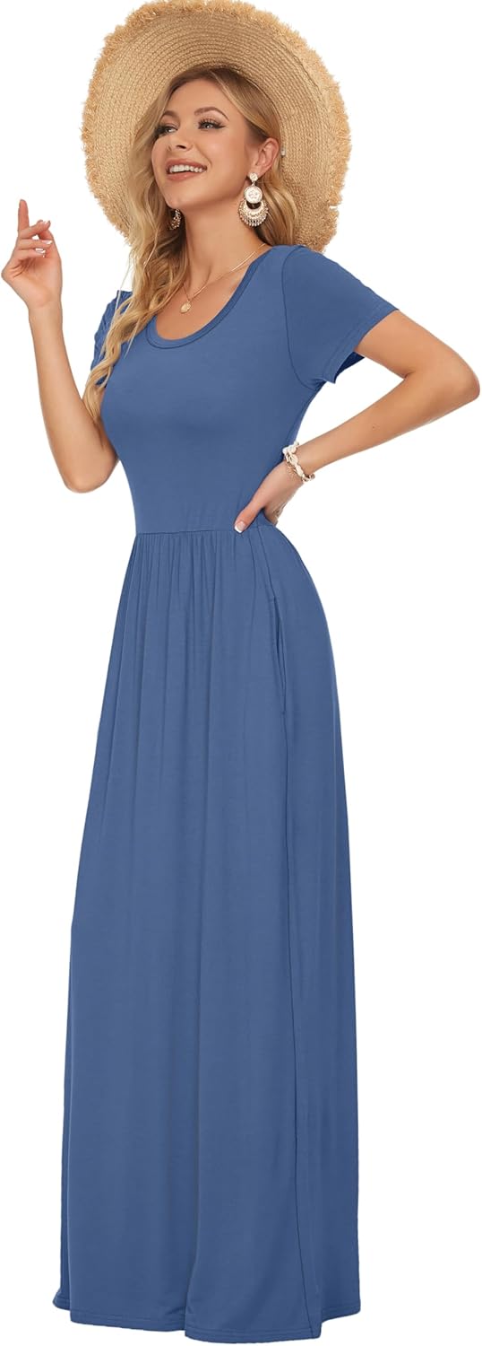 AUSELILY Damen Kurzarm Loose Casual Long Maxi Kleider mit Taschen Beja Blue S, Beja Blue S