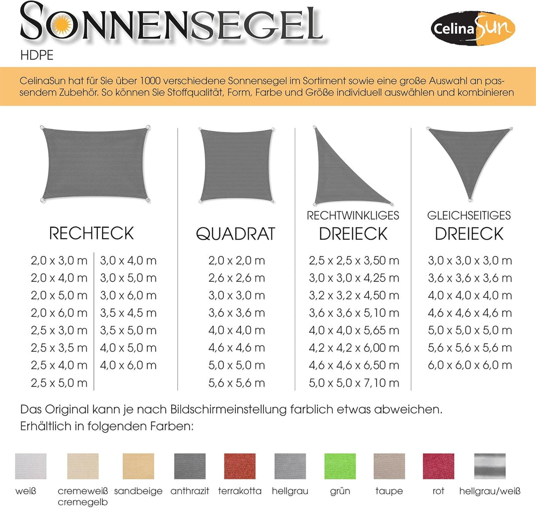 CelinaSun Sonnensegel inkl Befestigungsseile Premium HDPE wetterbeständig atmungsaktiv Quadrat 2 x 2