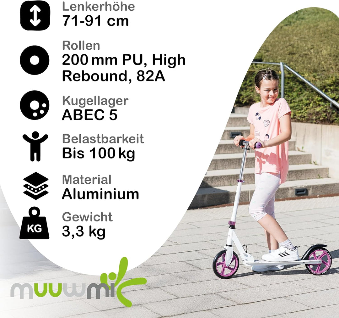 Muuwmi Aluminium Scooter - 200 mm Räder - ABEC 5 Lager - Höhenverstellbarer Lenker - Geeignet für Ki