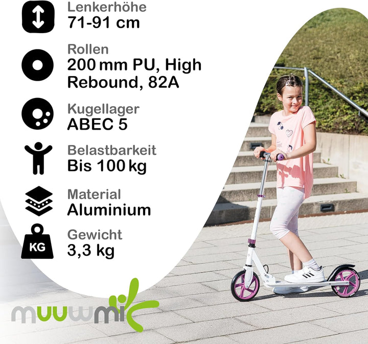 Muuwmi Aluminium Scooter - 200 mm Räder - ABEC 5 Lager - Höhenverstellbarer Lenker - Geeignet für Ki