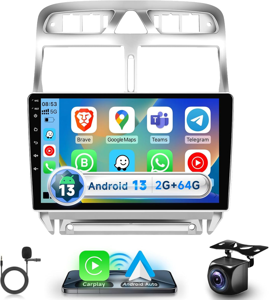 Podofo Carplay Android Autoradio GPS für Peugeot 307 2002-2013, HiFi Android Auto 9" Touchscreen WiF