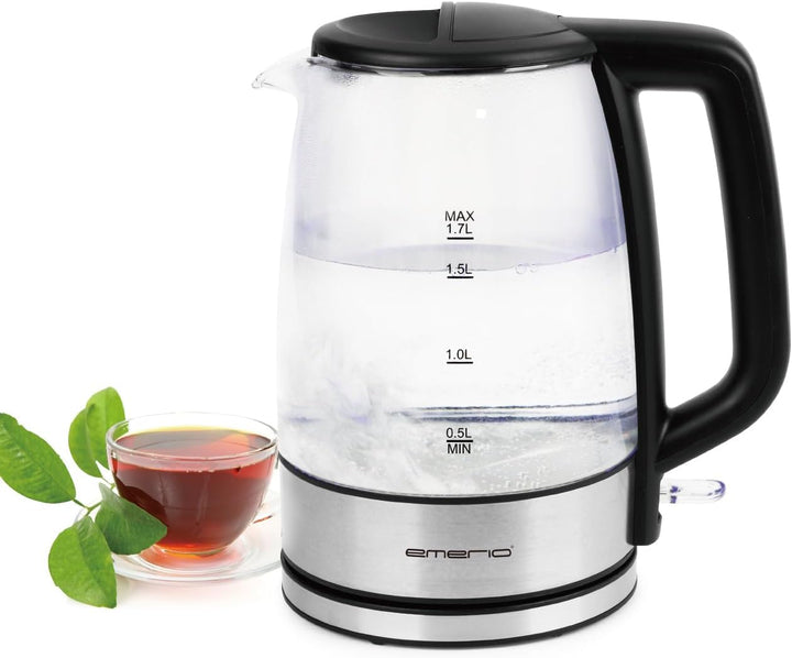 EMERIO Glas Wasserkocher mit 1.7 Liter Volumen | 2200 Watt | blaue LED Innenbeleuchtung | 360° Basis