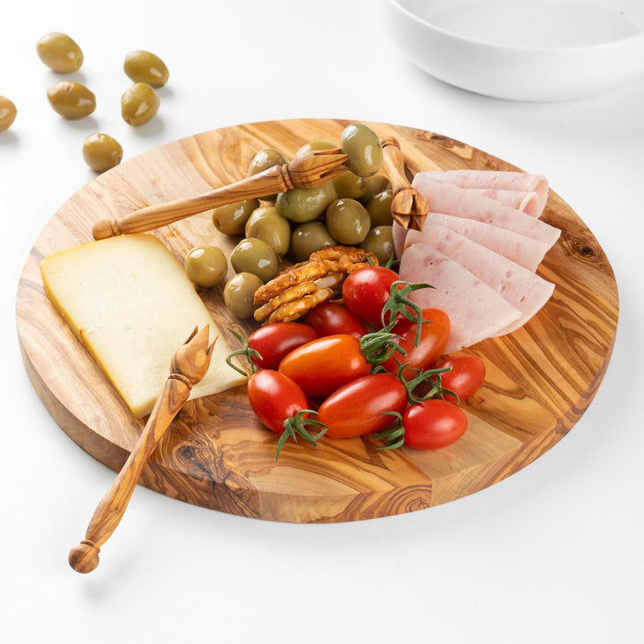 Handgefertigtes rundes Paddelbrett aus Olivenholz – gestreiftes Servierbrett für Käse, Brot und Vors