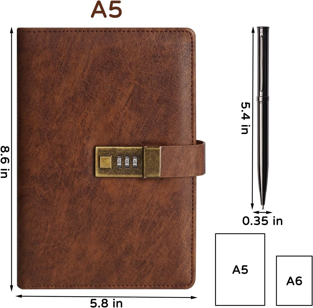 WEMATE-Tagebuch mit Schloss, A5-PU-Lederjournal mit Schloss, 240 Seiten, verschliessbarer Tagebuchpl