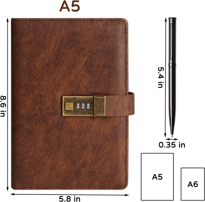 WEMATE-Tagebuch mit Schloss, A5-PU-Lederjournal mit Schloss, 240 Seiten, verschliessbarer Tagebuchpl