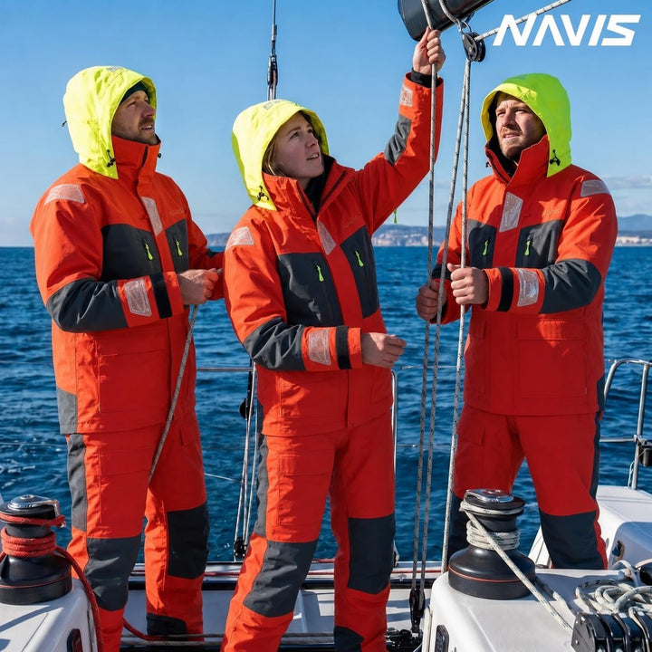 Herren Offshore Segelanzug 3-Lagen Wasserdicht Atmungsaktiv - Profi Segeljacke mit Neon-Kapuze & Ref
