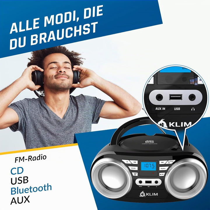 KLIM B3 Tragbarer CD Player Bluetooth Boombox mit FM-Radio, Bluetooth, USB und AUX - Hochwertige Dua