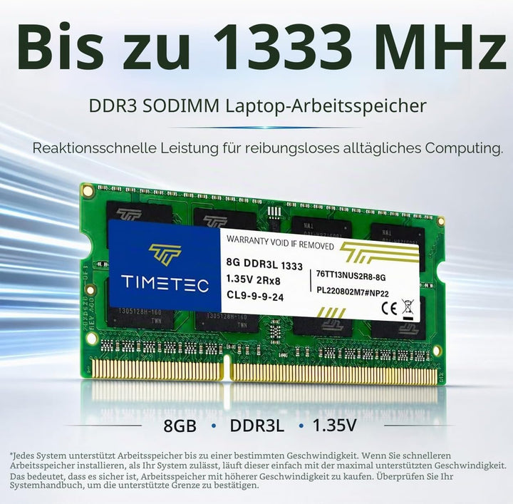 Timetec 32GB KIT(4x8GB) DDR3 / DDR3L 1333 MHz PC3-10600 Non-ECC Ungepuffert 1,5 V / 1,35 V CL9 2Rx8