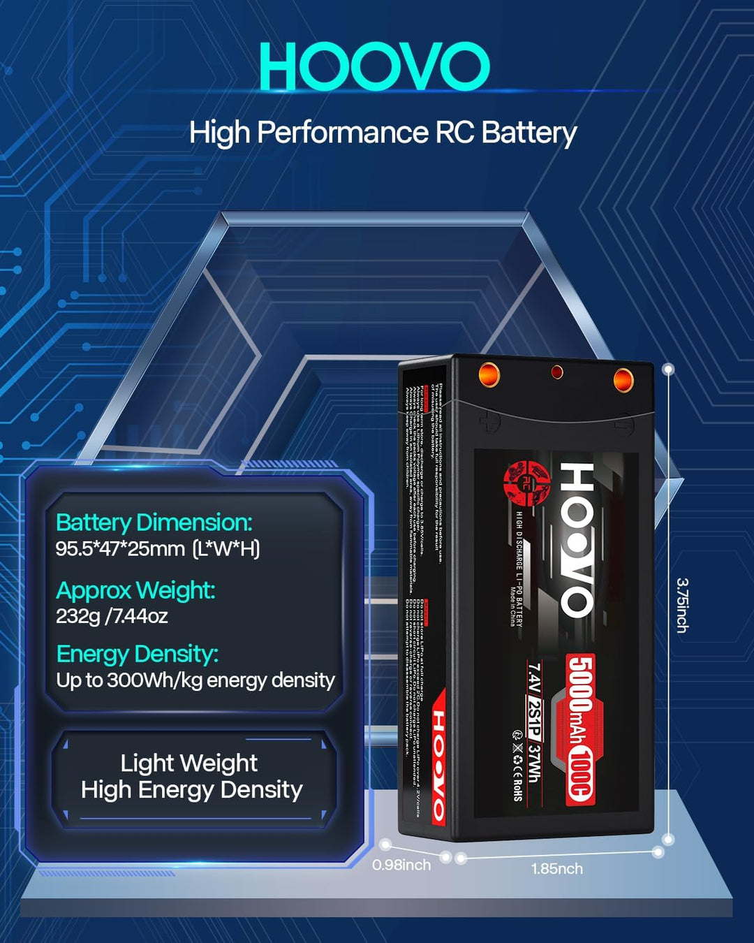 HOOVO RC Batterie 7,4V 5000mAh 100C 2S Lipo Akkus HardCase mit 4.0 mm Banana to Deans Plug für RC Au