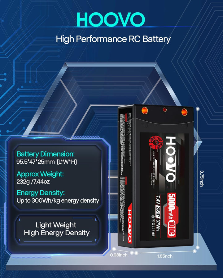 HOOVO RC Batterie 7,4V 5000mAh 100C 2S Lipo Akkus HardCase mit 4.0 mm Banana to Deans Plug für RC Au
