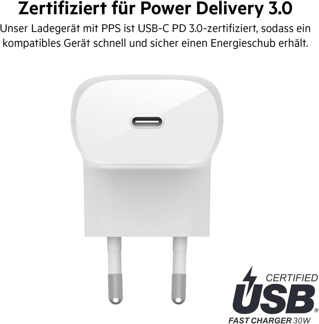 Belkin 30-W-USB-C-Ladegerät mit USB-C/Lightning-Kabel, PPS, PowerDelivery, USB-IF-zertifiziert PD 3.